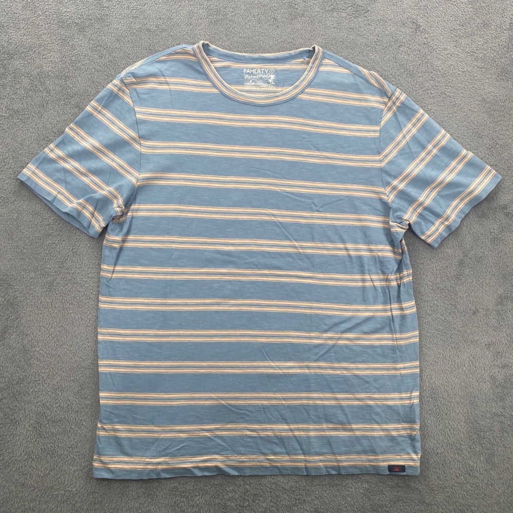 Faherty T-Shirt Mens Large Blue Striped Sunwashed Organic Cotton MKS2517-CCS